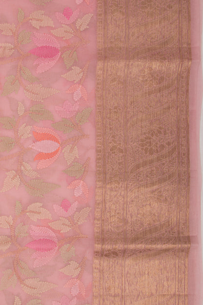 Organza Floral Embroidery Pink Saree