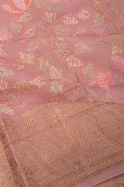 Organza Floral Embroidery Pink Saree