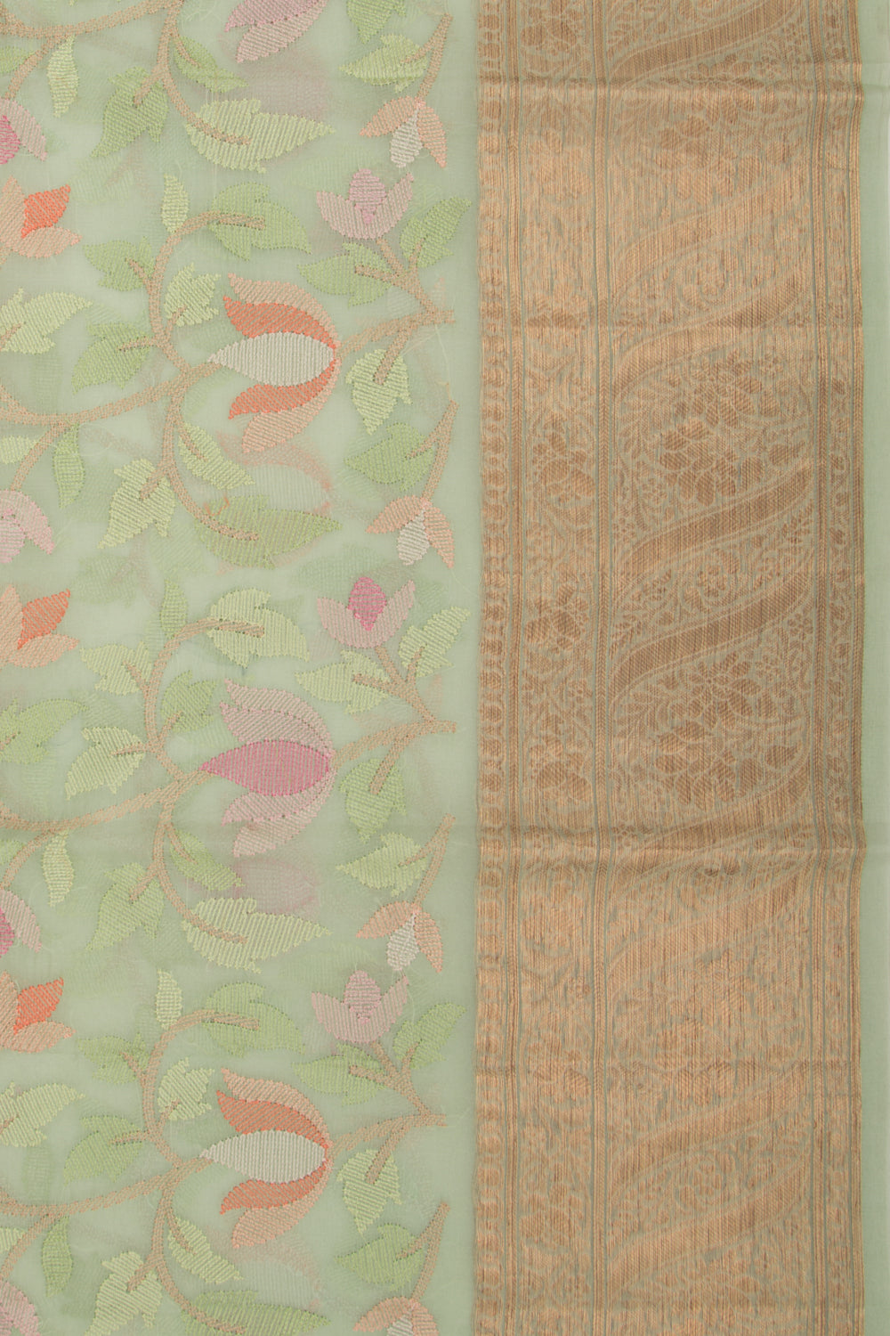 Organza Floral Embroidery Green Saree