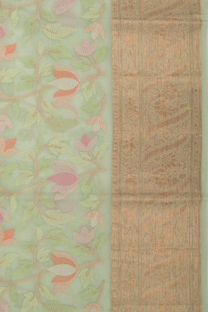Organza Floral Embroidery Green Saree