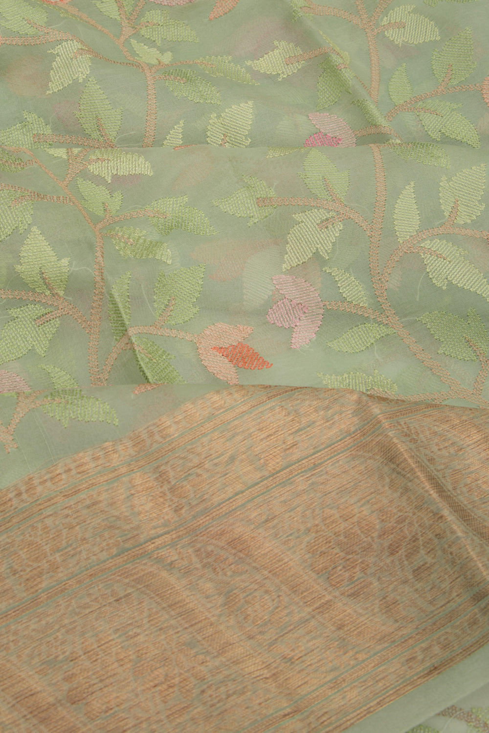 Organza Floral Embroidery Green Saree