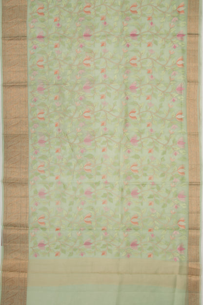 Organza Floral Embroidery Green Saree