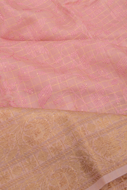 Organza Floral Embroidery Pink Saree