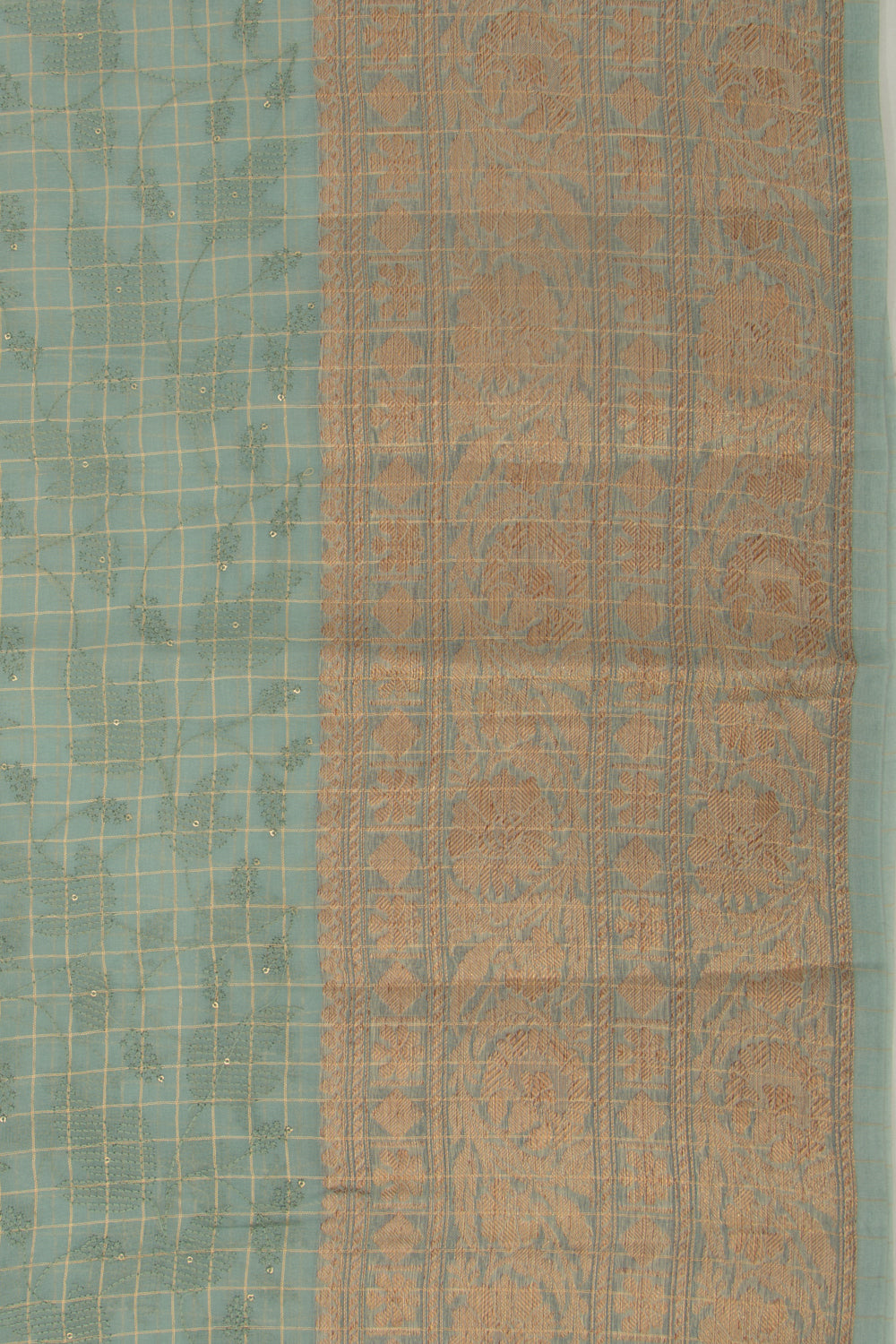 Tussar Checks And Embroidery Green Saree