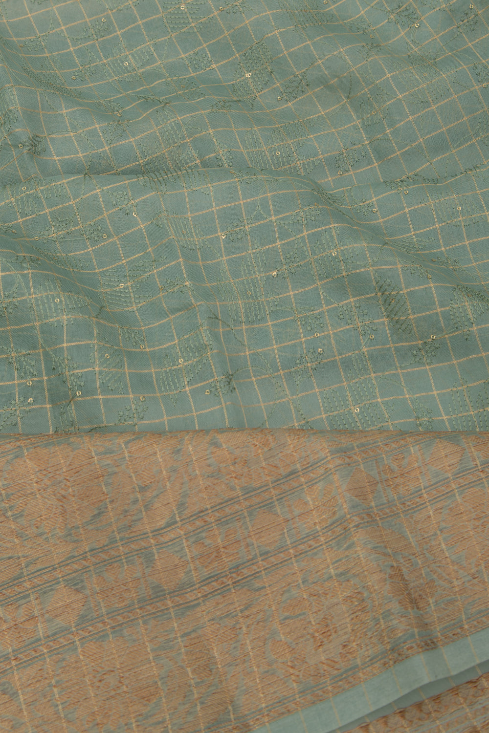 Tussar Checks And Embroidery Green Saree