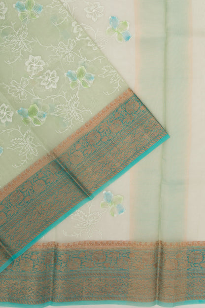 Organza Floral Embroidery Green Saree