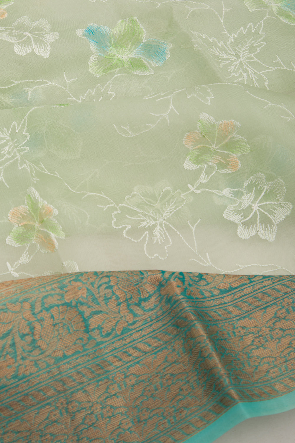 Organza Floral Embroidery Green Saree