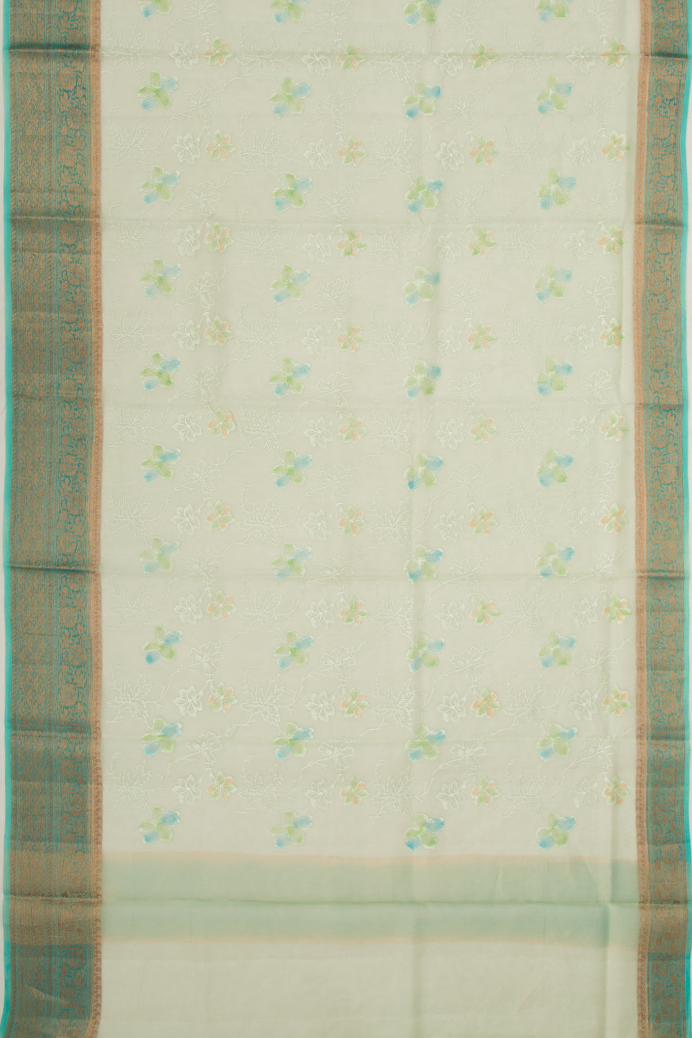 Organza Floral Embroidery Green Saree