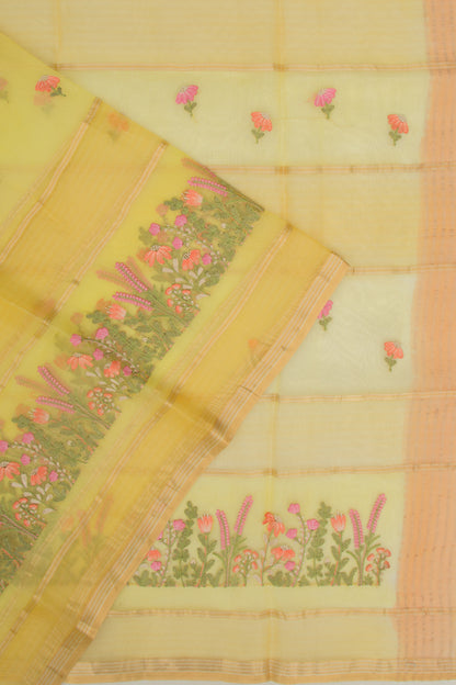 Organza Lines And Embroidery Yellow Saree