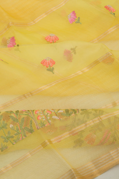 Organza Lines And Embroidery Yellow Saree