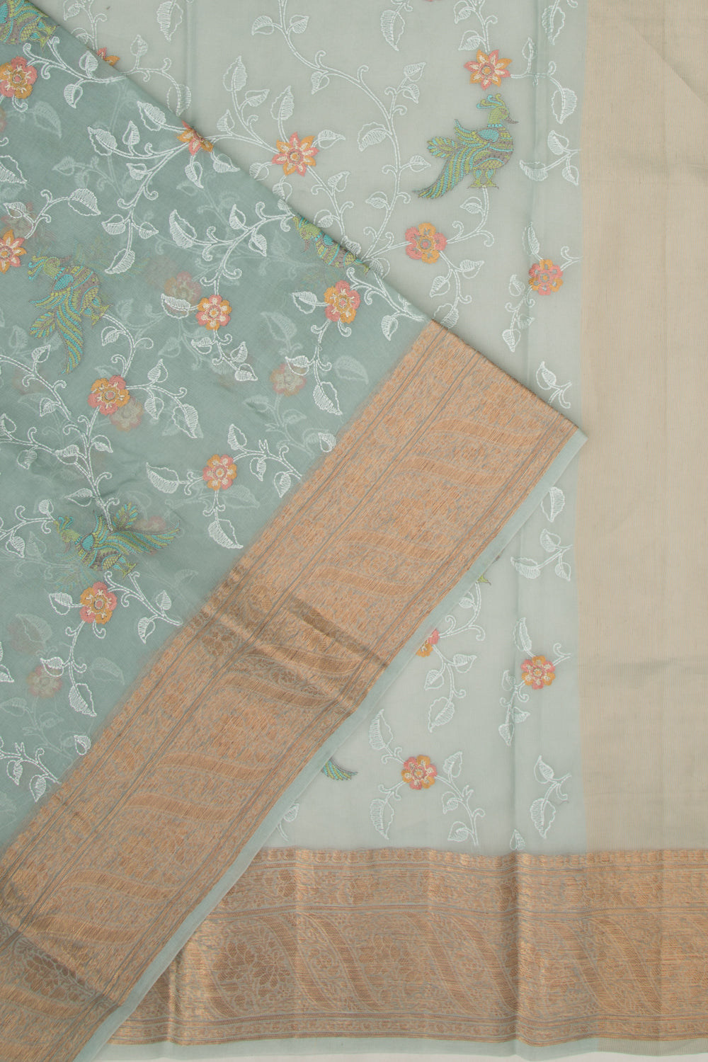 Organza Floral Embroidery Sage Green Saree