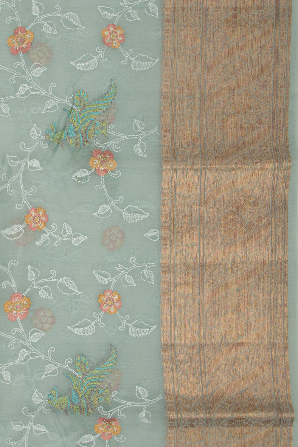 Organza Floral Embroidery Sage Green Saree