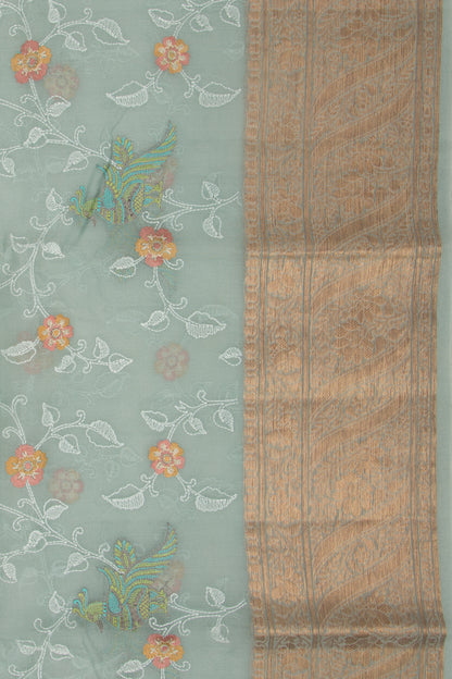 Organza Floral Embroidery Sage Green Saree