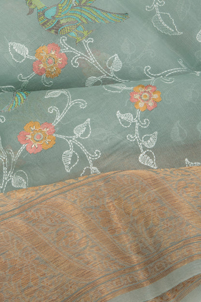 Organza Floral Embroidery Sage Green Saree