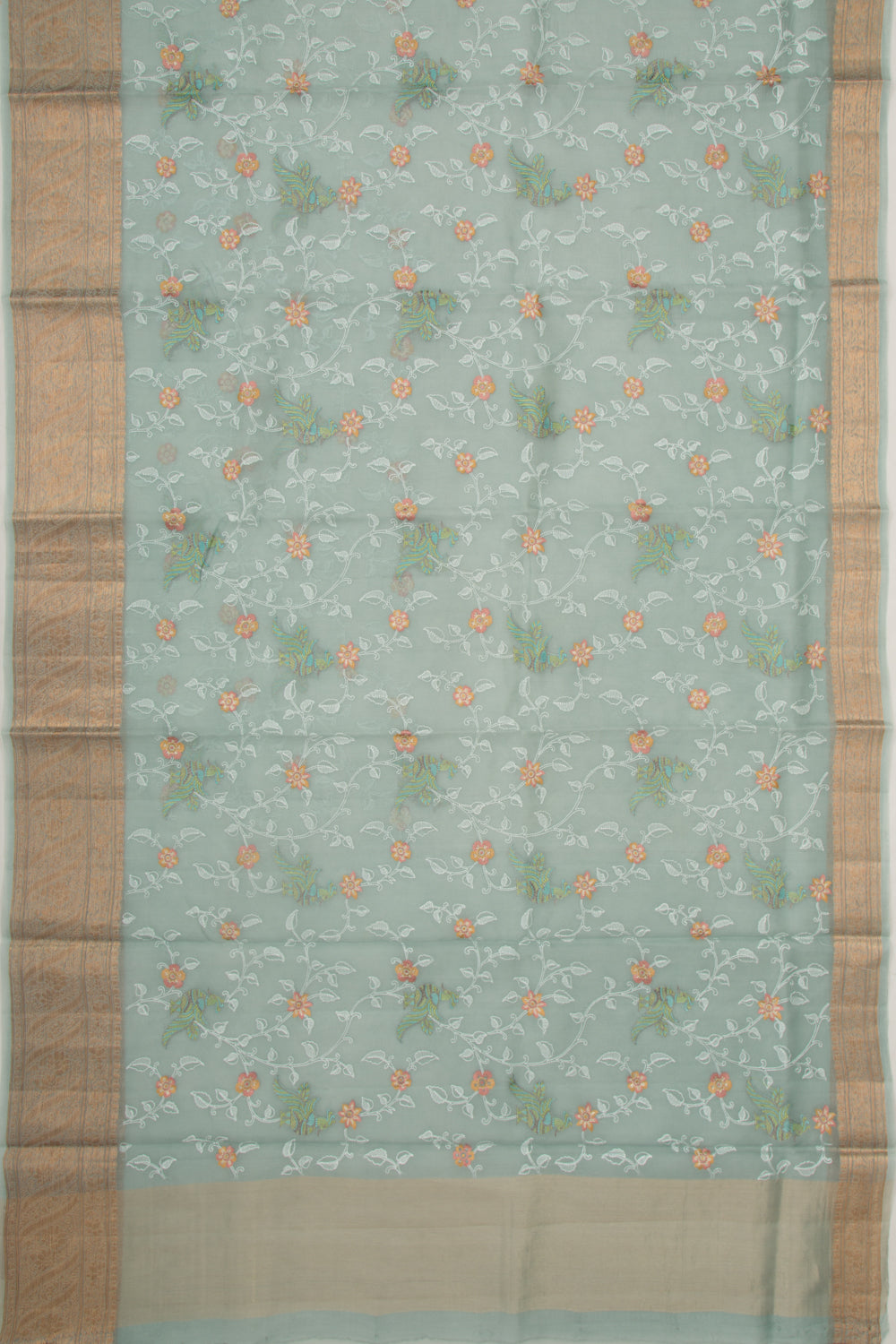 Organza Floral Embroidery Sage Green Saree