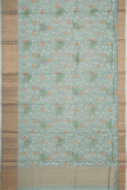 Organza Floral Embroidery Sage Green Saree