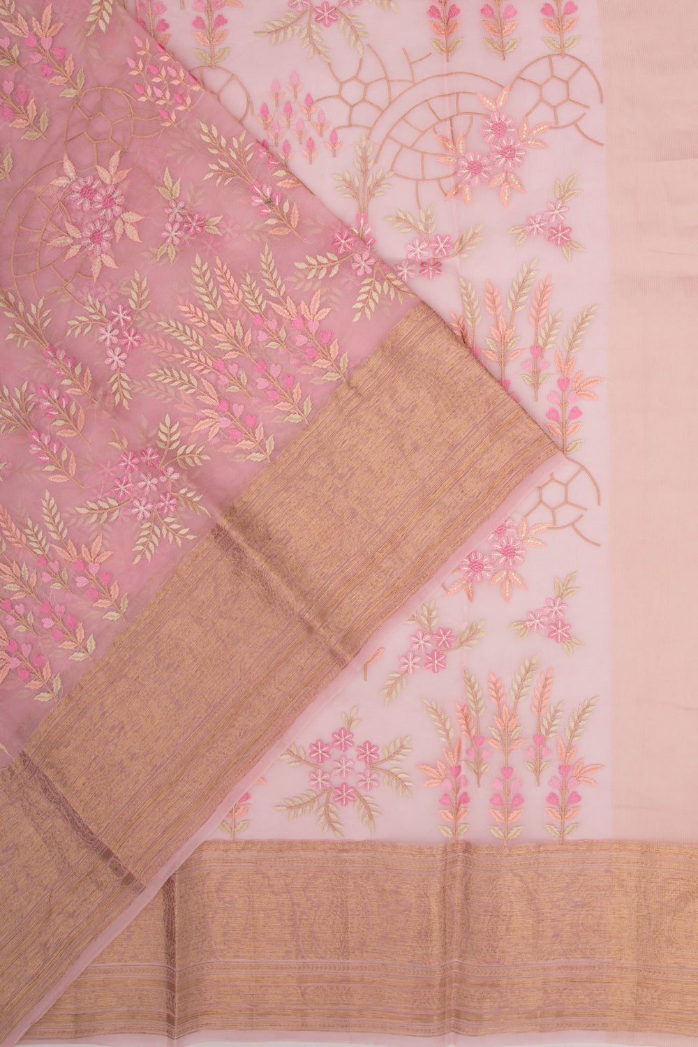 Organza Floral Embroidery Pink Saree