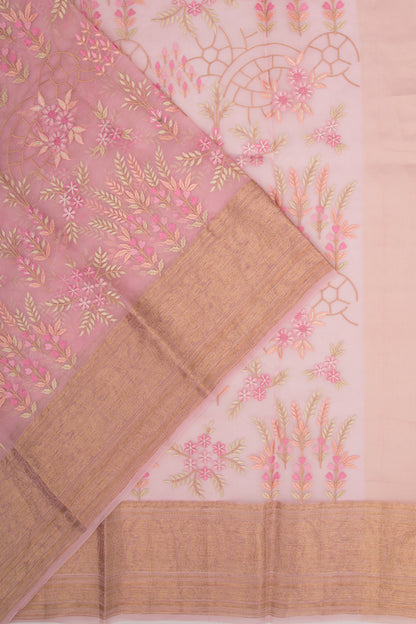 Organza Floral Embroidery Pink Saree