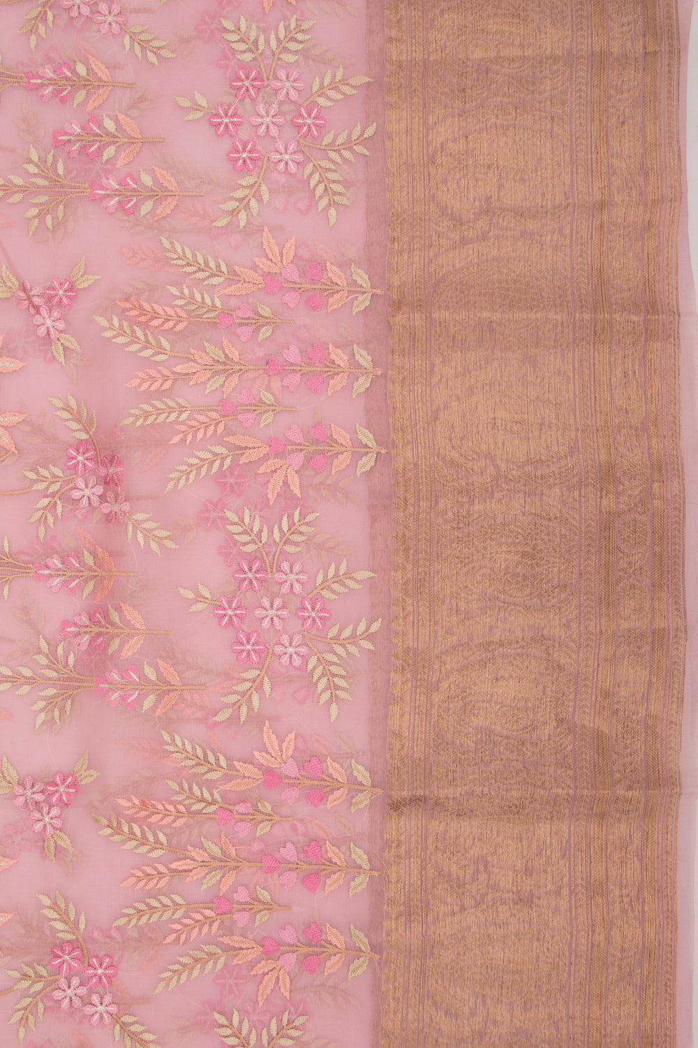 Organza Floral Embroidery Pink Saree