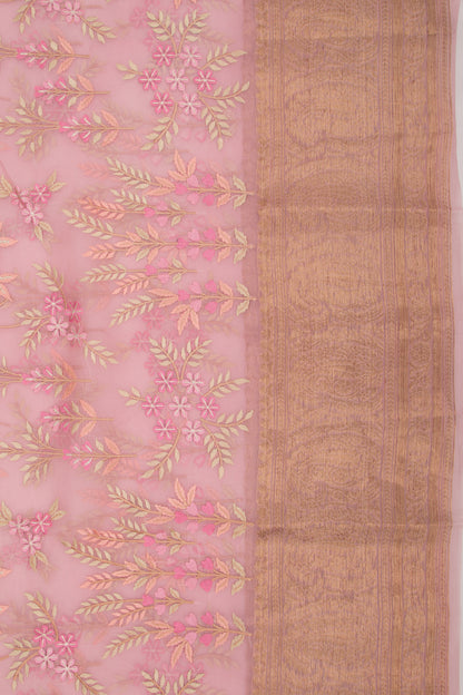 Organza Floral Embroidery Pink Saree