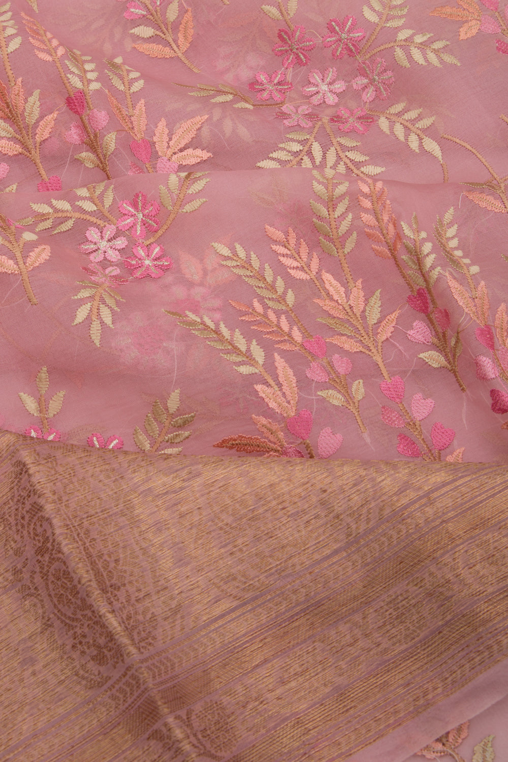 Organza Floral Embroidery Pink Saree