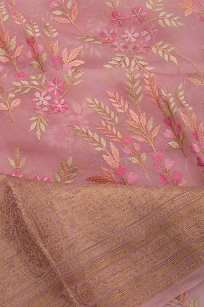 Organza Floral Embroidery Pink Saree