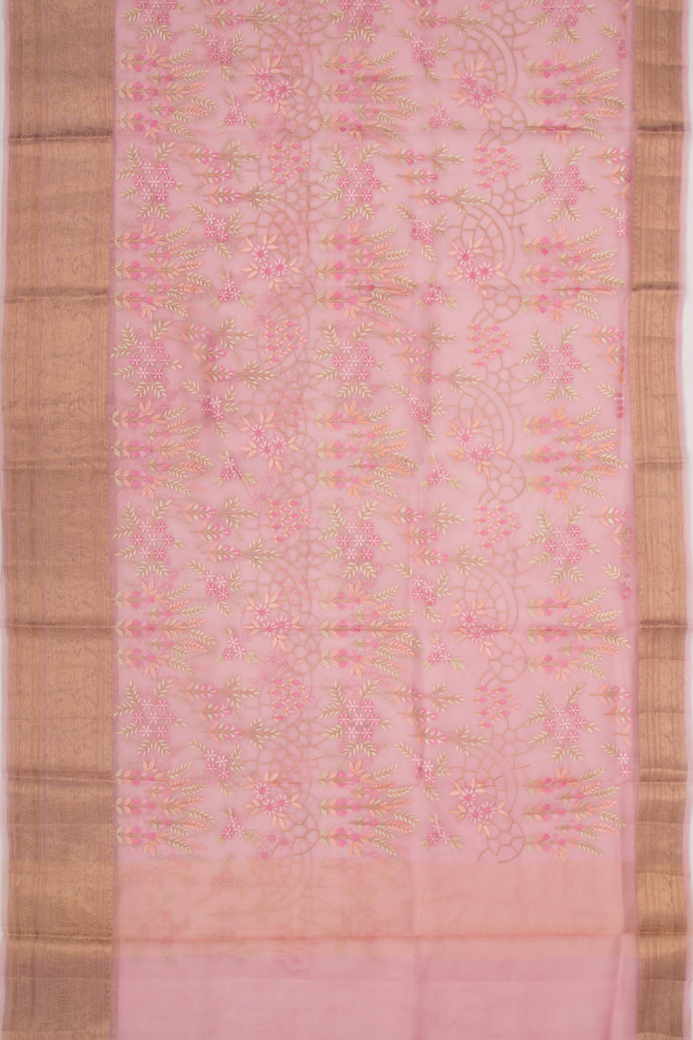 Organza Floral Embroidery Pink Saree
