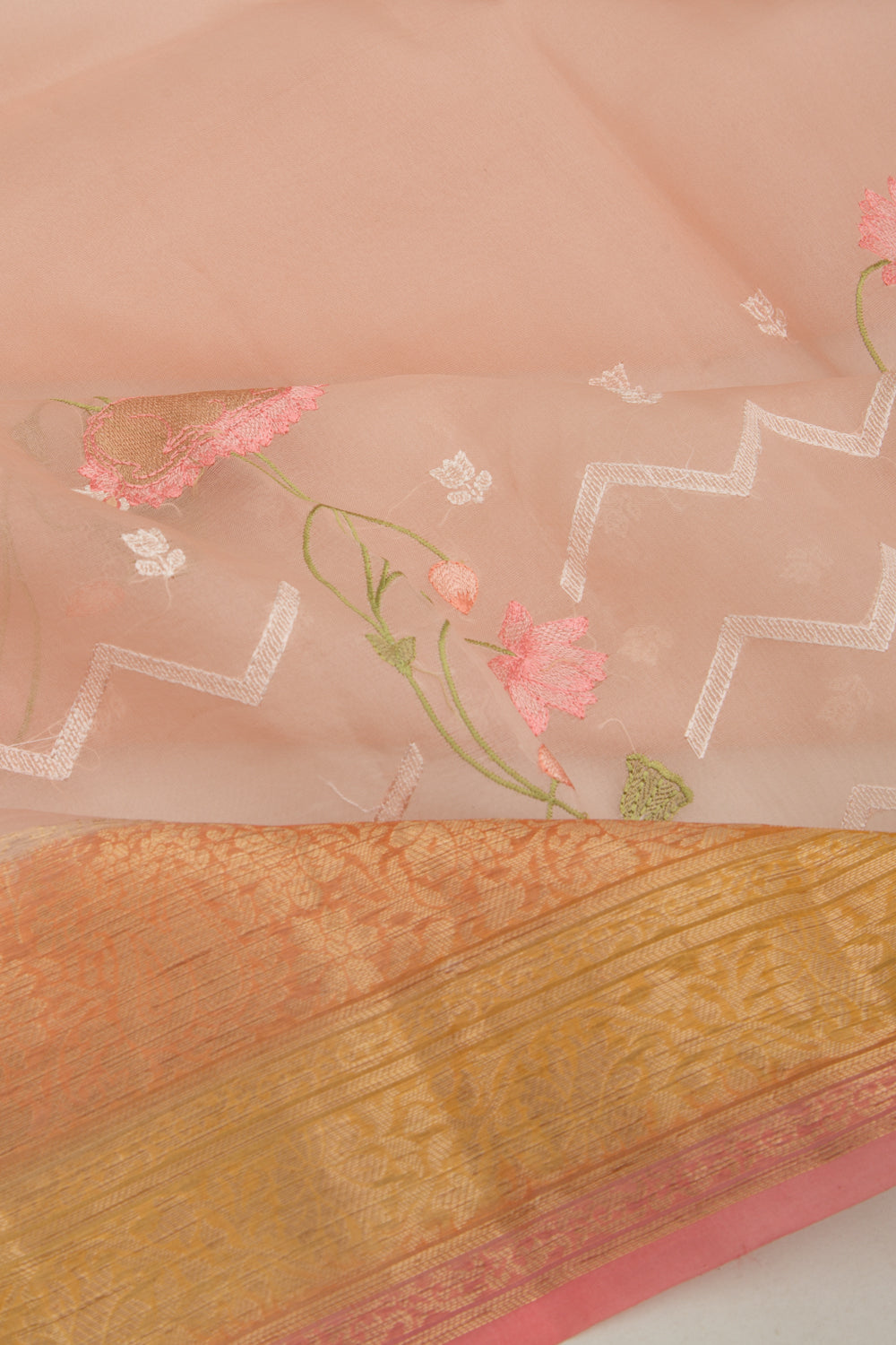 Organza Floral Embroidery Pink Saree
