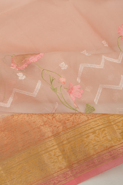 Organza Floral Embroidery Pink Saree