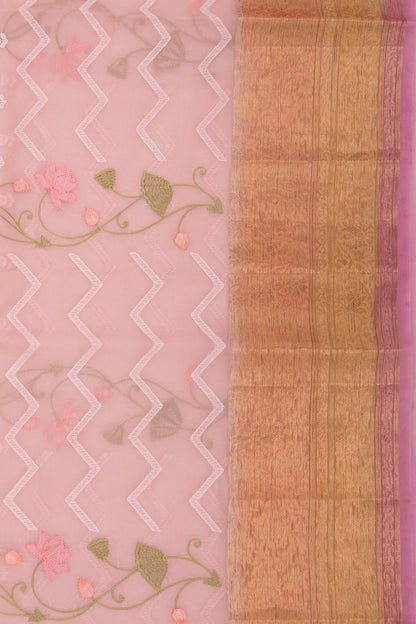 Organza Floral Embroidery Baby Pink Saree