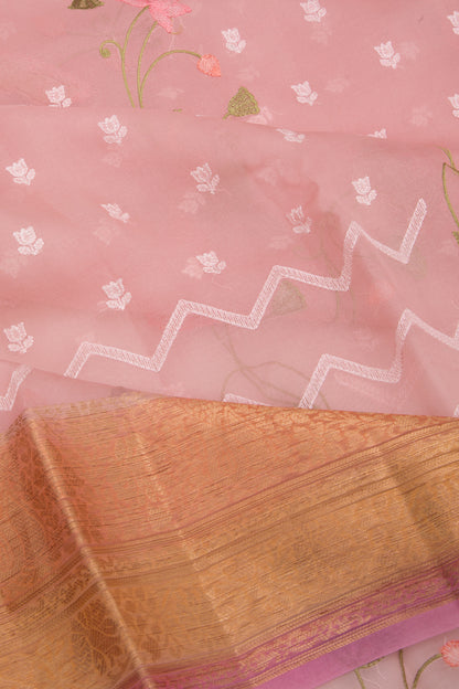 Organza Floral Embroidery Baby Pink Saree