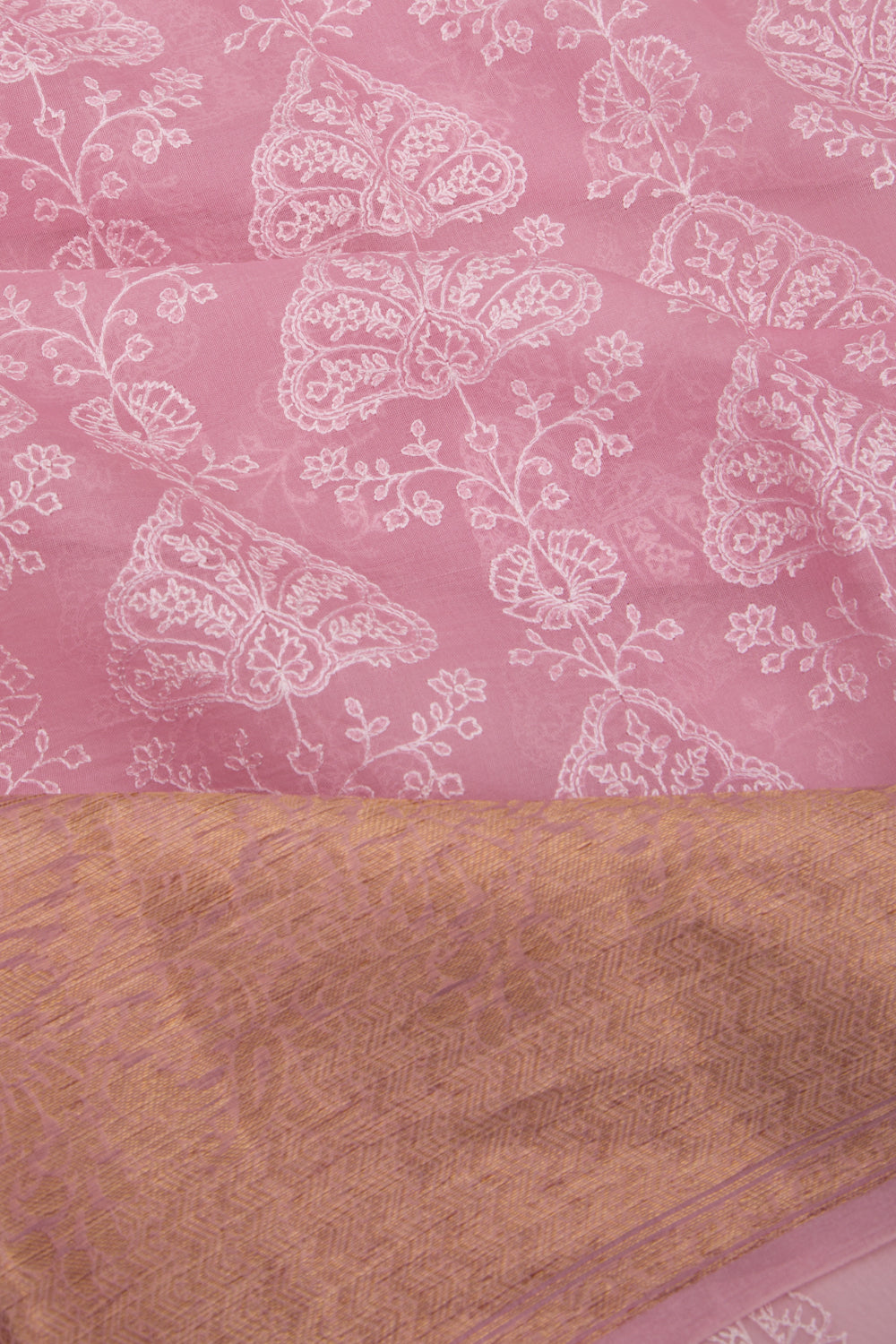 Organza Floral Embroidery Pink Saree