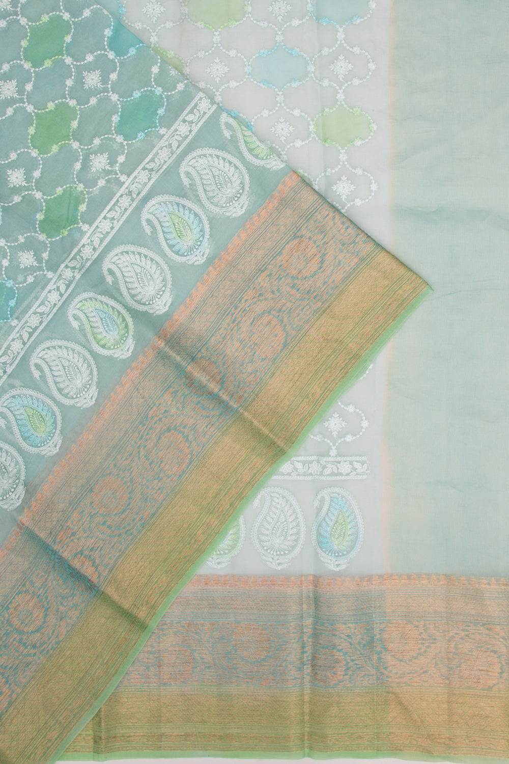 Organza Floral Embroidery Blue Saree
