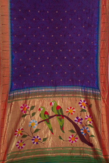 Paithani Silk Bandhani Butta Dark Blue Saree