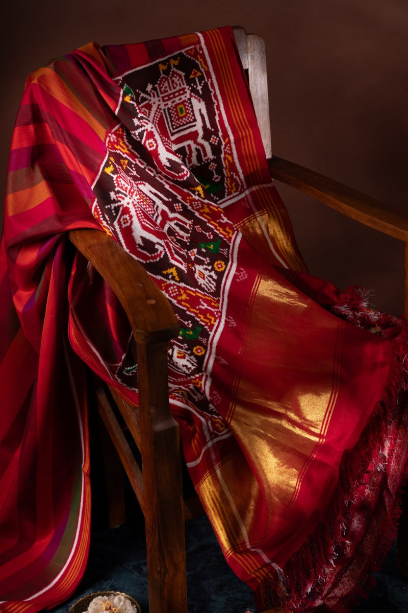 Patan Patola Silk Double Ikat Lines Multicolour Saree