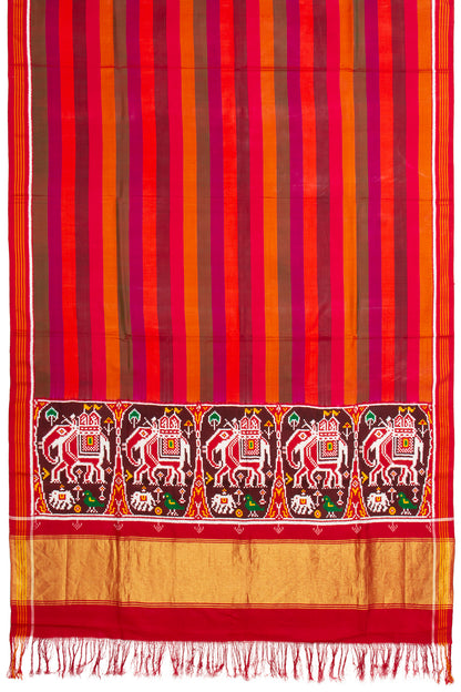 Patan Patola Silk Double Ikat Lines Multicolour Saree