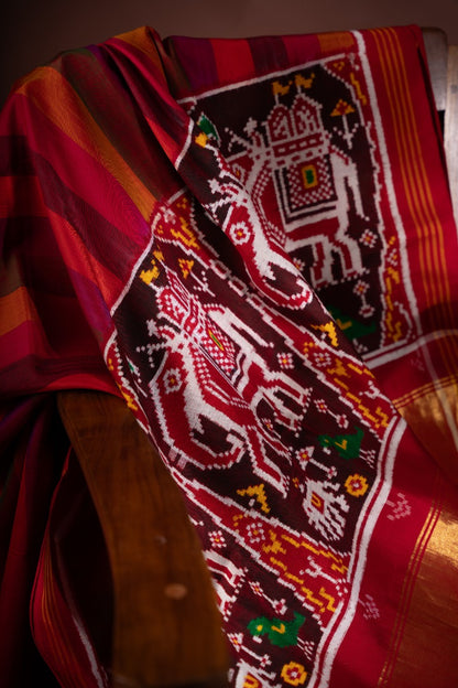Patan Patola Silk Double Ikat Lines Multicolour Saree