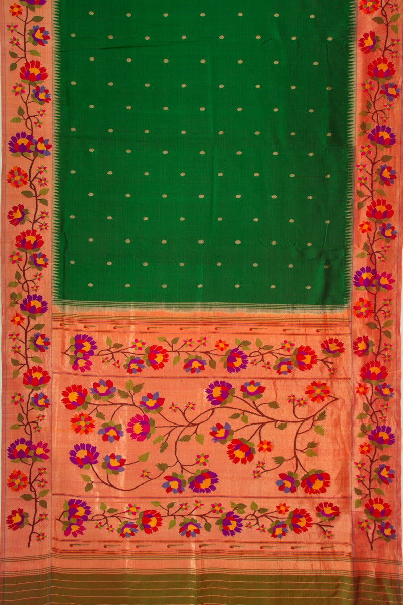 Exclusive Paithani Silk Butta Green Saree With Kamal Pushpa Vines Border