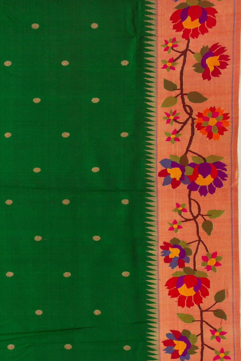 Exclusive Paithani Silk Butta Green Saree With Kamal Pushpa Vines Border