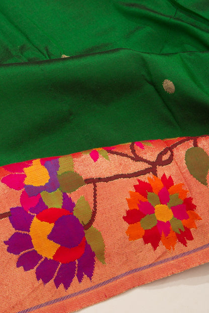 Exclusive Paithani Silk Butta Green Saree With Kamal Pushpa Vines Border