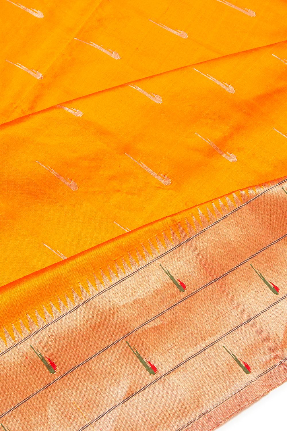 Paithani Silk Butta Orange Saree With Triple Muniya Border