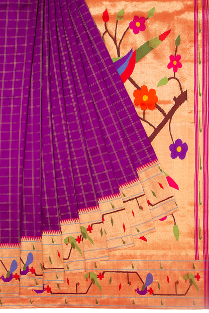 Paithani Silk Checks Purple Saree With Akruthi Border