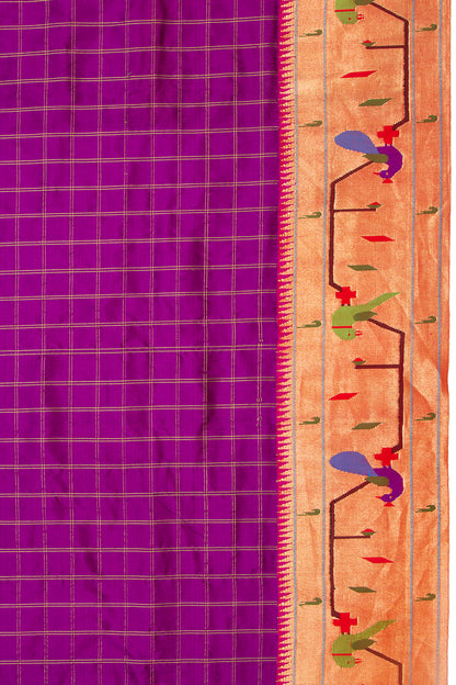 Paithani Silk Checks Purple Saree With Akruthi Border