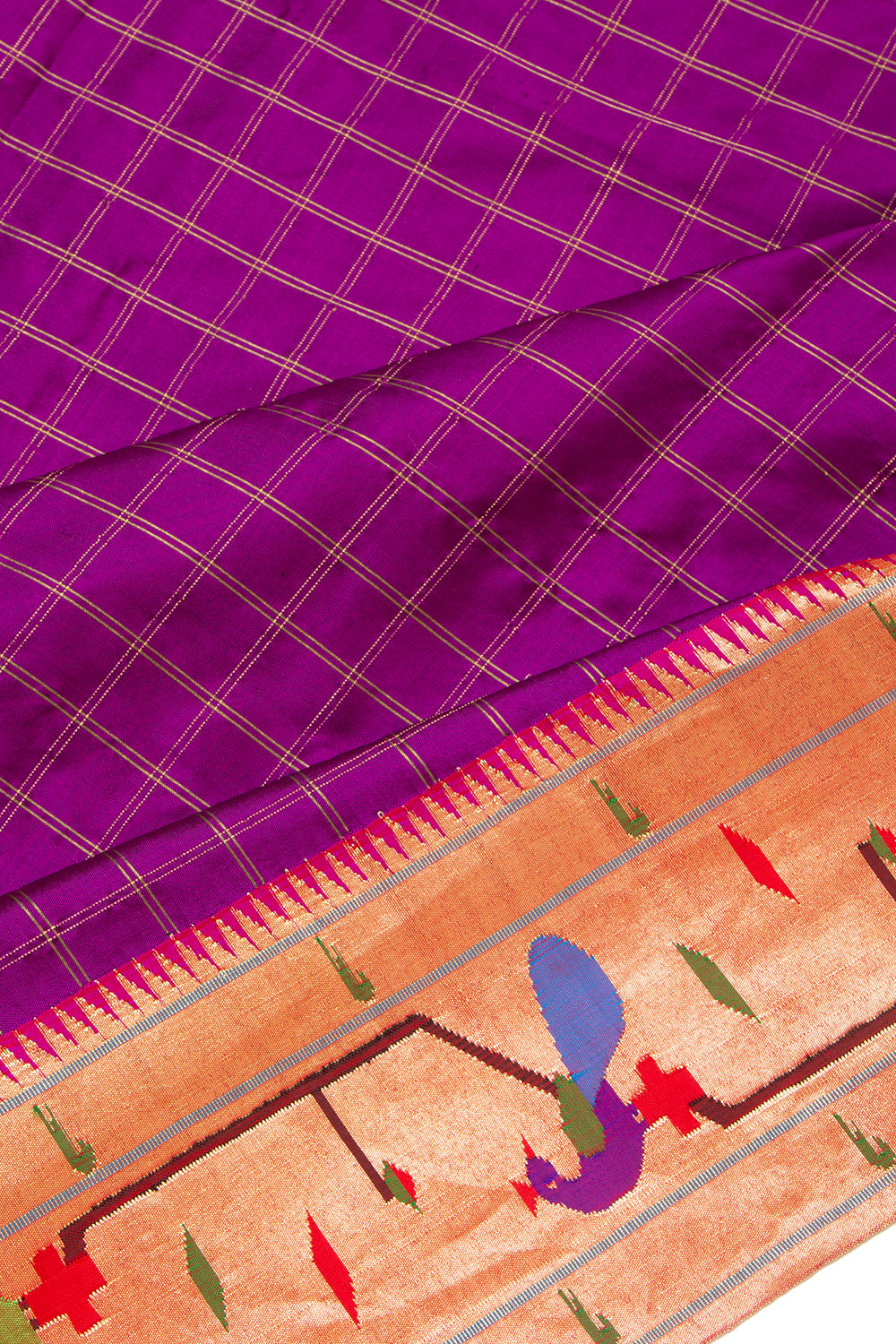 Paithani Silk Checks Purple Saree With Akruthi Border