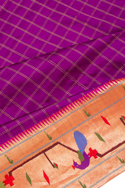 Paithani Silk Checks Purple Saree With Akruthi Border