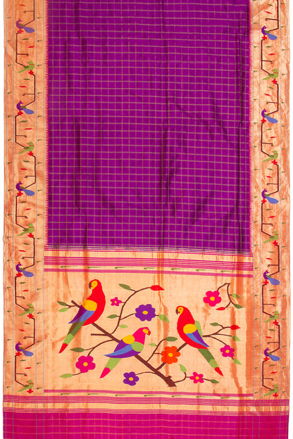 Paithani Silk Checks Purple Saree With Akruthi Border
