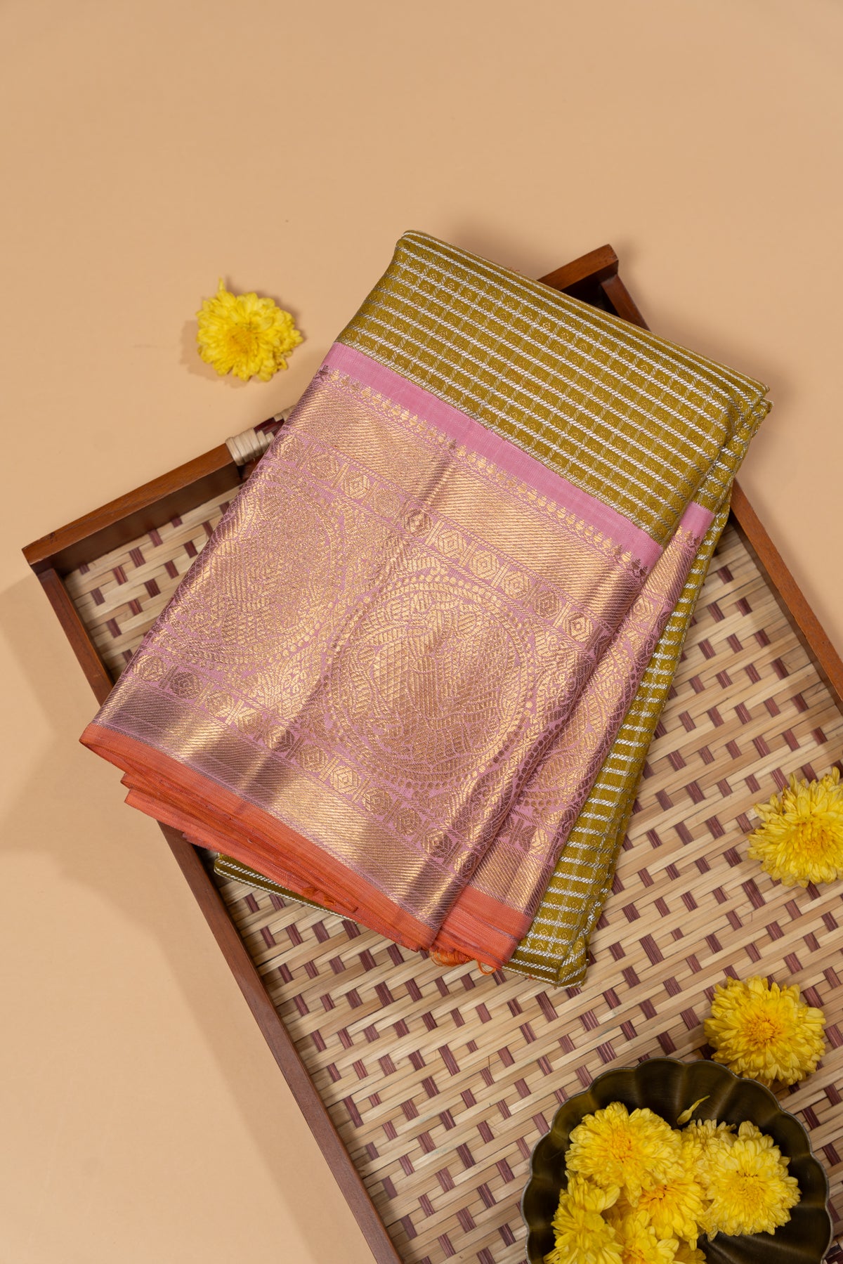 Kanchipuram Silk Checks And Butta Mehendi Green Saree