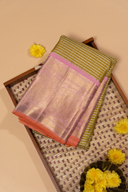 Kanchipuram Silk Checks And Butta Mehendi Green Saree
