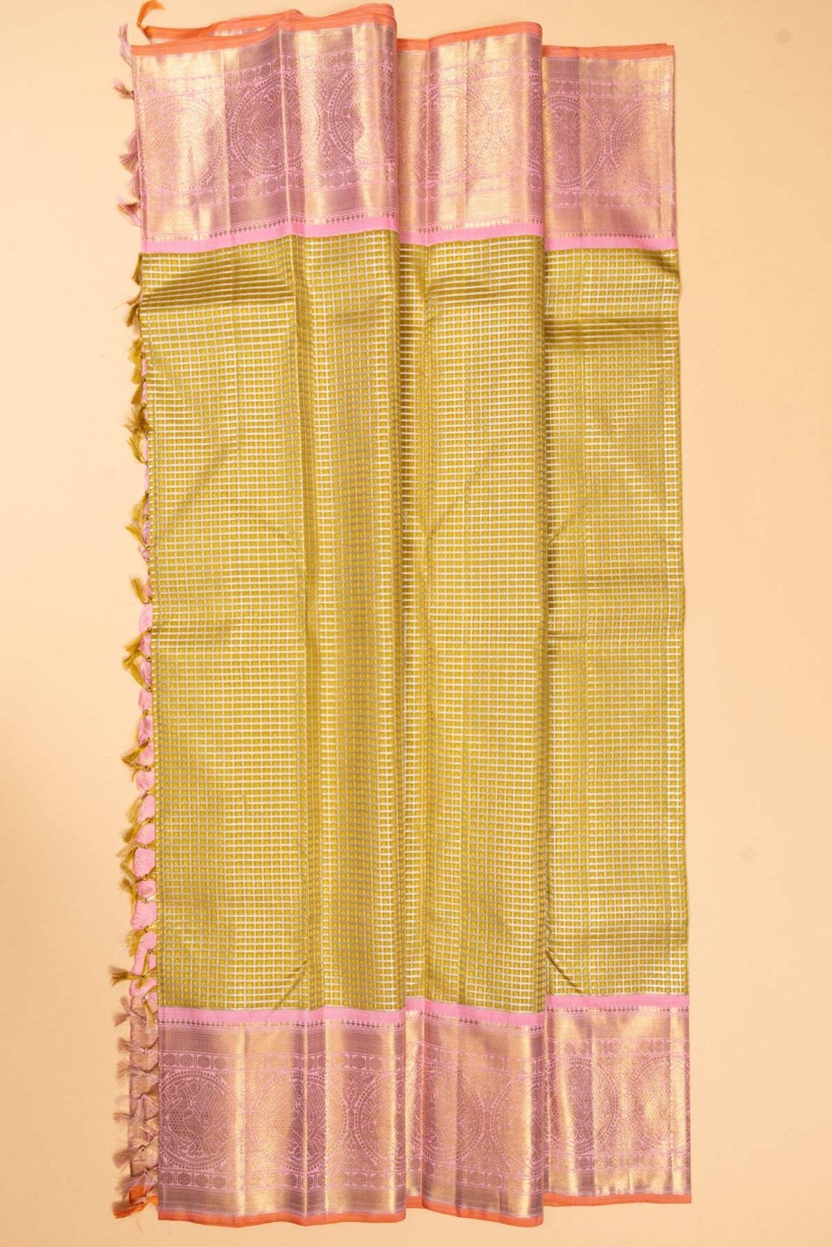 Kanchipuram Silk Checks And Butta Mehendi Green Saree