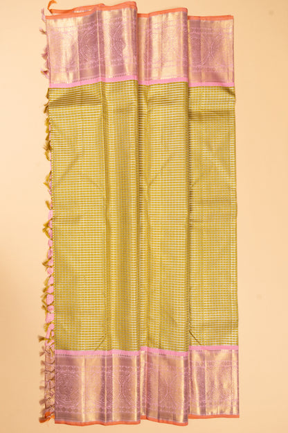 Kanchipuram Silk Checks And Butta Mehendi Green Saree